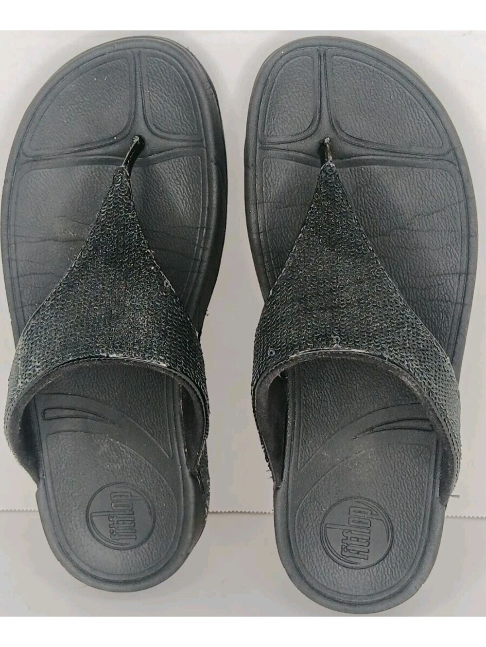 Fitflop Walkstar Black Glittery Flip Flop Sandals Wobble Board Shoes Womens 7